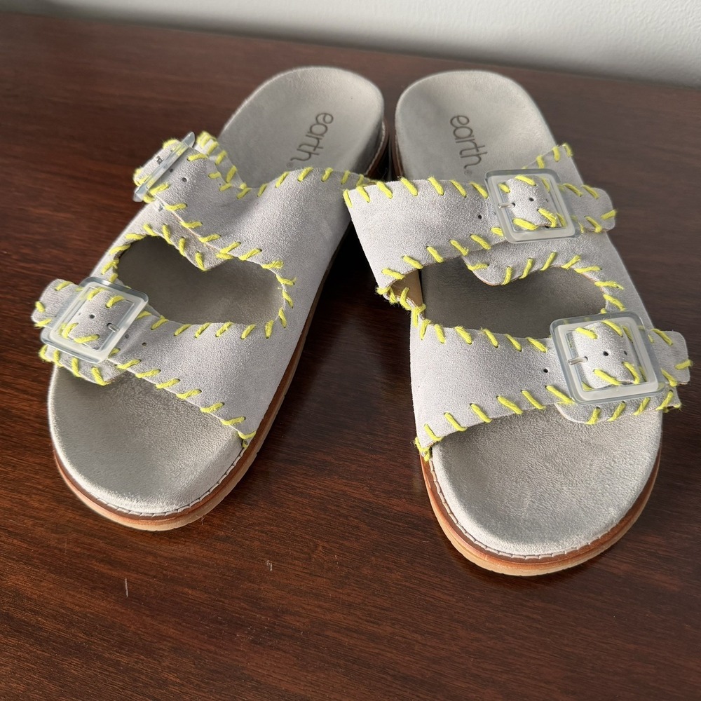 Earth Fausto Contrast Stitched Double Band Slip On Sandals Blue Suede Size 10 - Picture 2 of 6